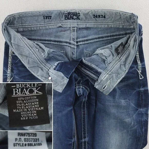 Buckle Black Jeans Slim No. 1 Fit Stretch Stitched Men's "34x34" Actual 36x34 - Picture 4 of 10